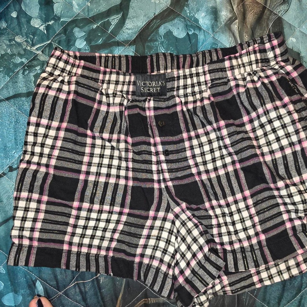 Victorias Secret Plaid Pajama Shorts Black Pink White Gold Metallic Small